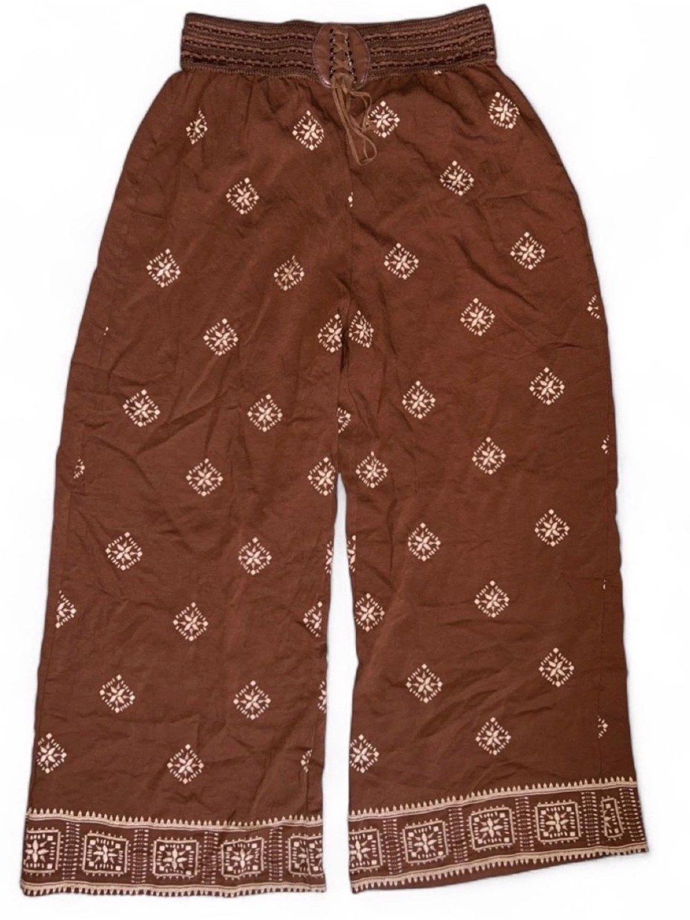 FRNZY Womens Boho Chocolate Brown Wide Leg Palazzo Pants Laced Corset Waist S